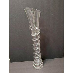 Hand Blown Clear Glass Spiral Vase, Asymmetric Opening, 20" Trumpet Vase